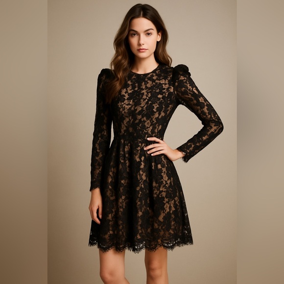 Michael Kors Dresses & Skirts - Michael Kors Lace Dress Black Puff Sleeve Nude Lining Floral Overlay Party SZ 4